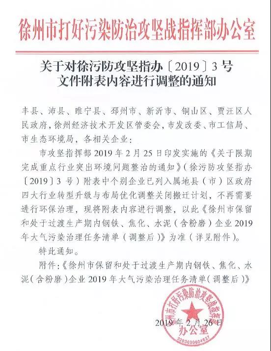 《徐州處于保留和過(guò)渡期內(nèi)鋼鐵、水泥、焦化企業(yè)2019年大氣污染治理任務(wù)清單》